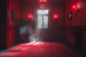 A mysterious red room illuminated by candles and smoke with a door opening to the light