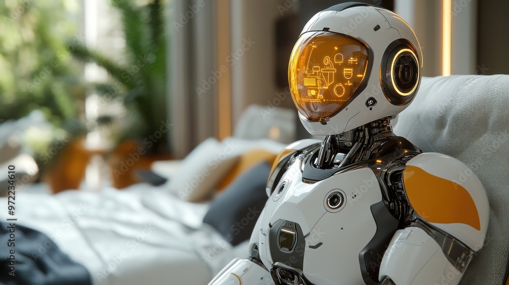 Poster a futuristic robot with a transparent helmet in a modern setting.