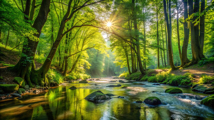 Obraz premium Bright sunlight streams through the lush green canopy, illuminating the serene waters of a winding stream, surrounded by vibrant foliage and smooth rocks