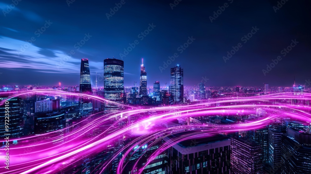 Poster a futuristic cityscape where buildings are connected by flowing lines of light, representing the flo