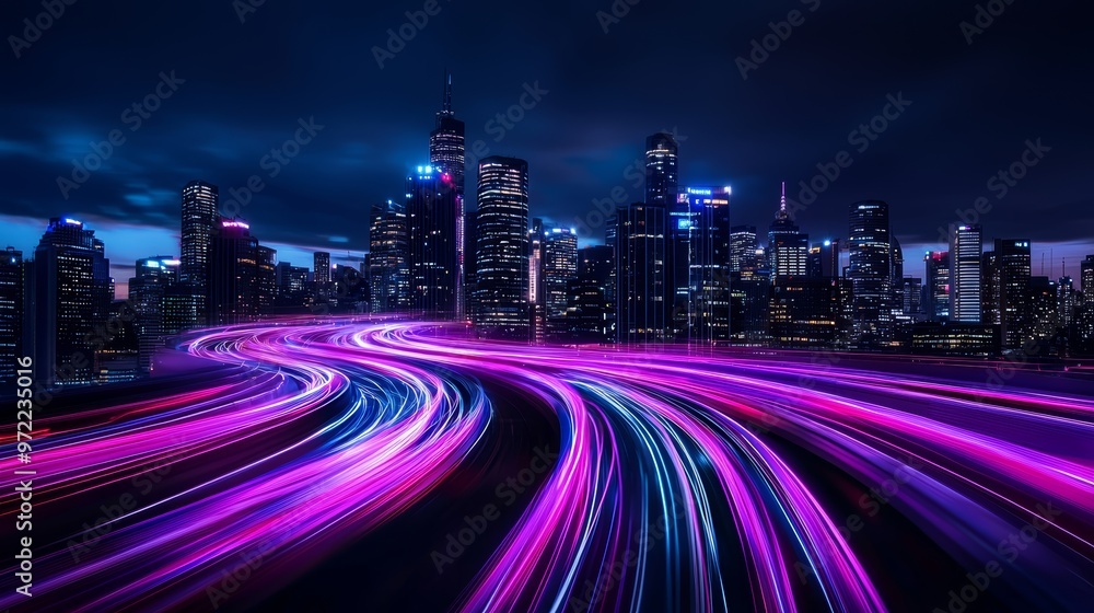Poster a futuristic cityscape where buildings are connected by flowing lines of light, representing the flo