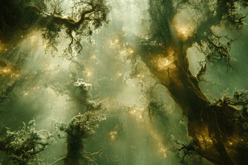 Obraz premium A mystical forest with glowing lights and towering trees during a serene daylight ambiance
