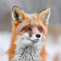 Obraz premium A close-up of a majestic red fox amidst a snowy landscape, showcasing its vibrant fur and keen expression.
