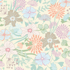 Floral Seamless Pattern, Meadow, Boho Vintage Style, Spring Sale, Discount, Fabric, Textile, Background, Vector Hand-Drawn Pastel Flowers Wallpaper.