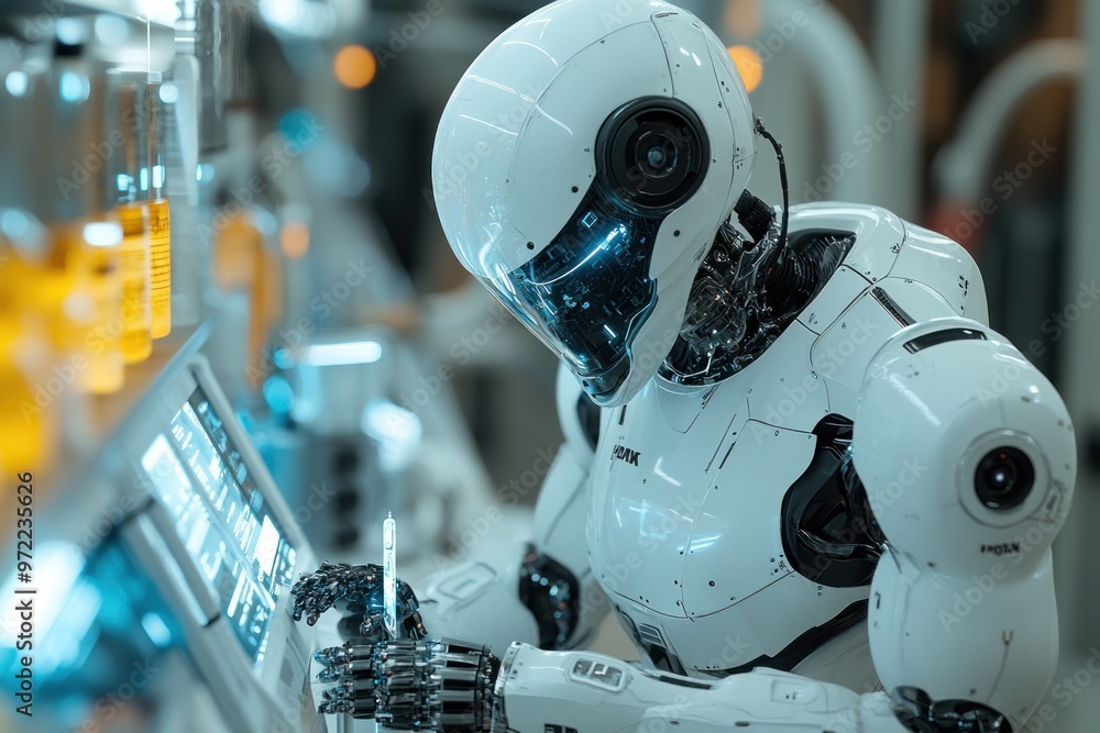 Poster a futuristic robot working in a high-tech laboratory.