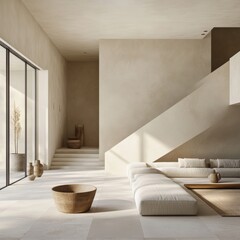 Minimalist Living Room Interior Design with Beige Walls and White Sofa