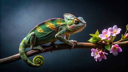 Chameleon on a branch with flowers in studio on dark background