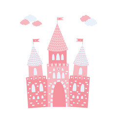 Princess castle in pink color. Fairy castle for childrens illustrations.  Vector isolated.