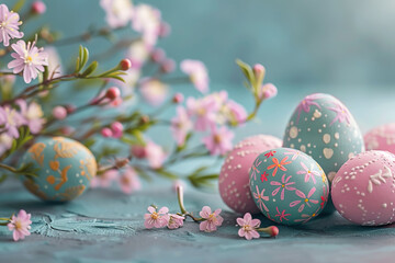 Three painted eggs with flowers on them are sitting on a blue surface, generative ai image.,