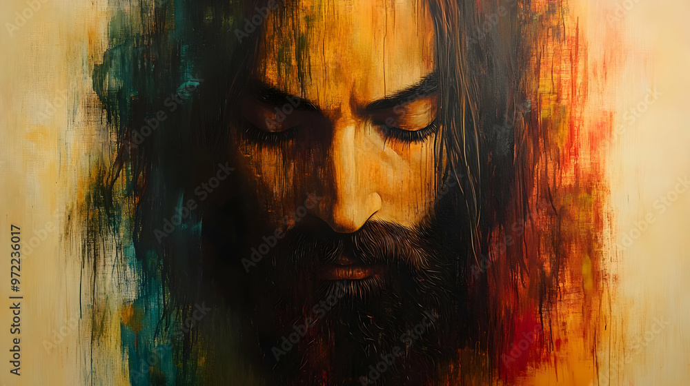 Wall mural Close Up Oil Painting of a Man with Beard Eyes Closed Dramatic Lighting Abstract Background