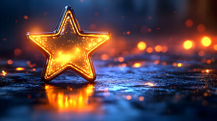 Glowing Gold Star on Dark Background with Bokeh Lights