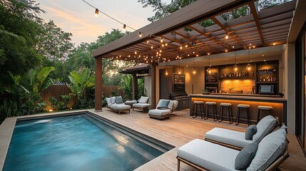 An elegant BBQ area by the pool, with a wooden pergola, hanging string lights, a built-in bar with stools, and soft cushioned lounge chairs, the pool glowing under the warm light of a setting sun.