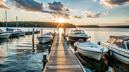 Obraz premium A peaceful sunset casts vibrant colors over a tranquil lake. Boats are moored along a wooden pier, reflecting the golden sunlight, creating a calming atmosphere for evening relaxation