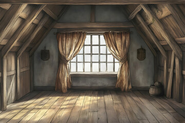 Rustic Attic Room with Wooden Beams and Window