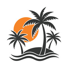 Tropical coconut tree and beach resort logo design, ideal for summer and vacation-themed branding.