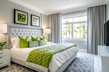 Fototapeta na wymiar Classy bdroom balancing comfort with asthtics in whit and gry.