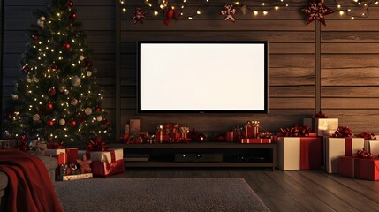 TV with blank screen and living room interior at Christmas, entertainment and holidays concept.