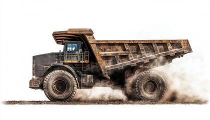 Obraz premium A heavy-duty dump truck kicks up dust while transporting materials on a construction site, showcasing industrial power and efficiency.