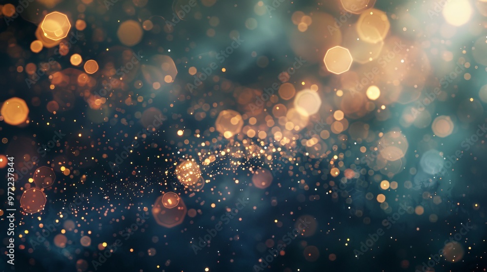 Poster glowing blue particle bokeh abstract background with soft light effects, perfect for elegant digital