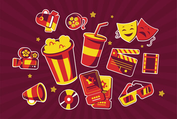 Fun Collection of Movie Night Icons. Perfect for Cinema and Entertainment Designs. Popcorn, Tickets, 3D Glasses, Film Reel, and Clapperboard. Isolated Flat Vector Art.