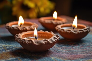 Handcrafted clay lamps lit for the diwali celebrations. Artistic card design for the indian hindu festival of lights celebrated as diwali