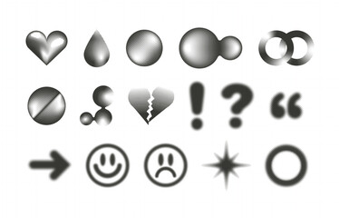 Unique Set of Halftone Symbols and Icons. Perfect for Retro and Graphic Design Projects. Hearts, Emoticons, Punctuation, and Shapes. Isolated Vector Art.