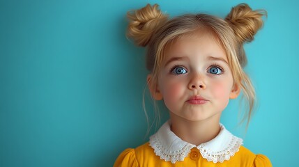A young girl with pigtails making a playful expression.