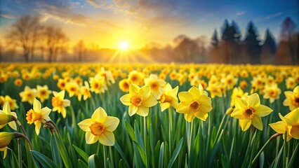 Fototapeta premium Field of wild yellow daffodils blooming in a meadow, bright, growth, natural, seasonal, field, outdoors, botanical, wildflowers, beauty, beautiful, garden, vibrant, colorful, nature, blooms