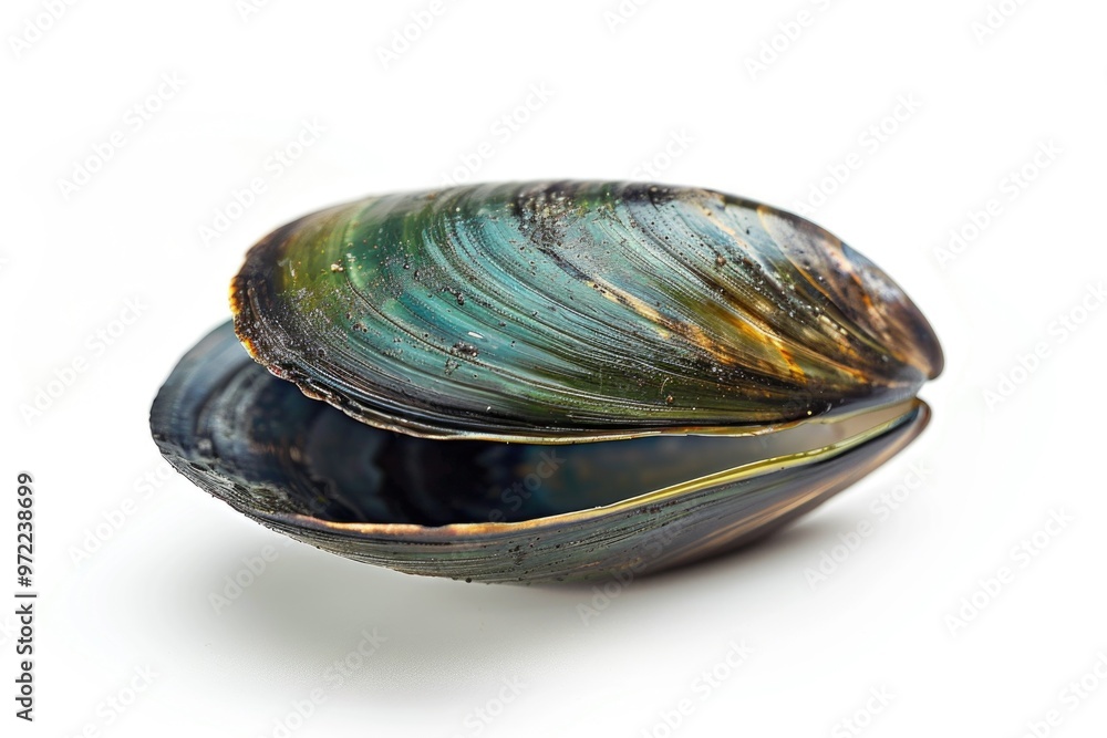 Poster a close-up view of a clam shell on a white surface, perfect for use in editorial or educational cont