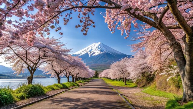 Cherry blossoms falling on a road in front of Mount Fuji using forced perspective