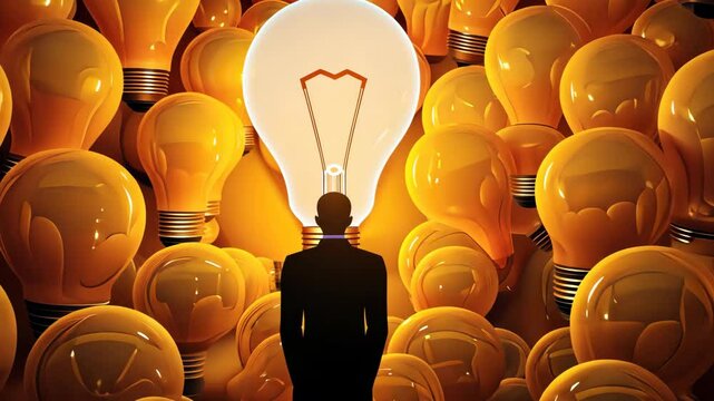A man overflowing with creative ideas and inspiration, illuminated by a multitude of lightbulbs.