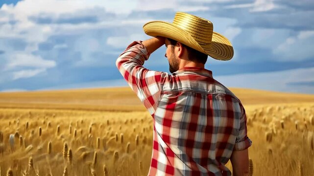 Captivating image of an American farmer in a field, wearing a cowboy hat and holding a lasso, embodying the essence of rural life.