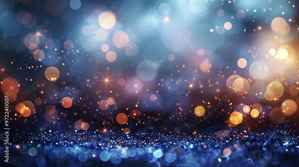 Poster glittering light blue particles shimmer on stage with radiant shine and soft bokeh effect, creating 