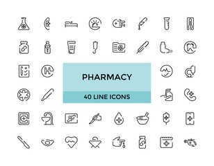 Pharmacy icons set. Line style icon collections, editable stroke. stethoscope, pregnancy test, pills, dropper, alternative medicine, medicines, pharmacy, Editable strock.