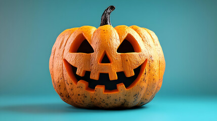 Carved Halloween Pumpkin with Glowing Eyes and Grin on Blue Background