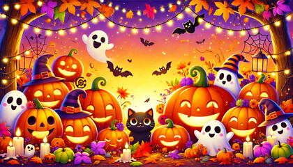 笑顔のカボチャたちが集うハロウィンの夜