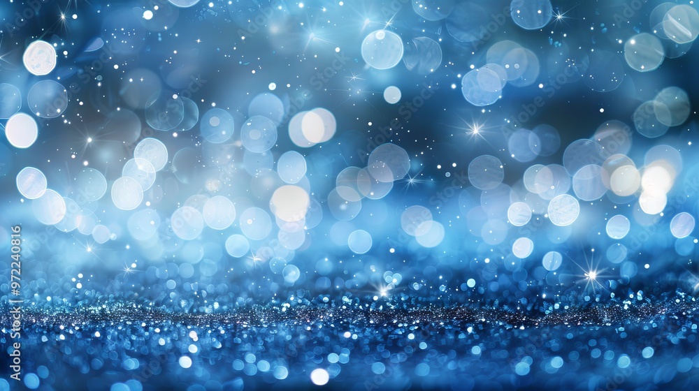 Poster glittering light blue particles shimmer on stage with radiant shine and soft bokeh effect, creating 