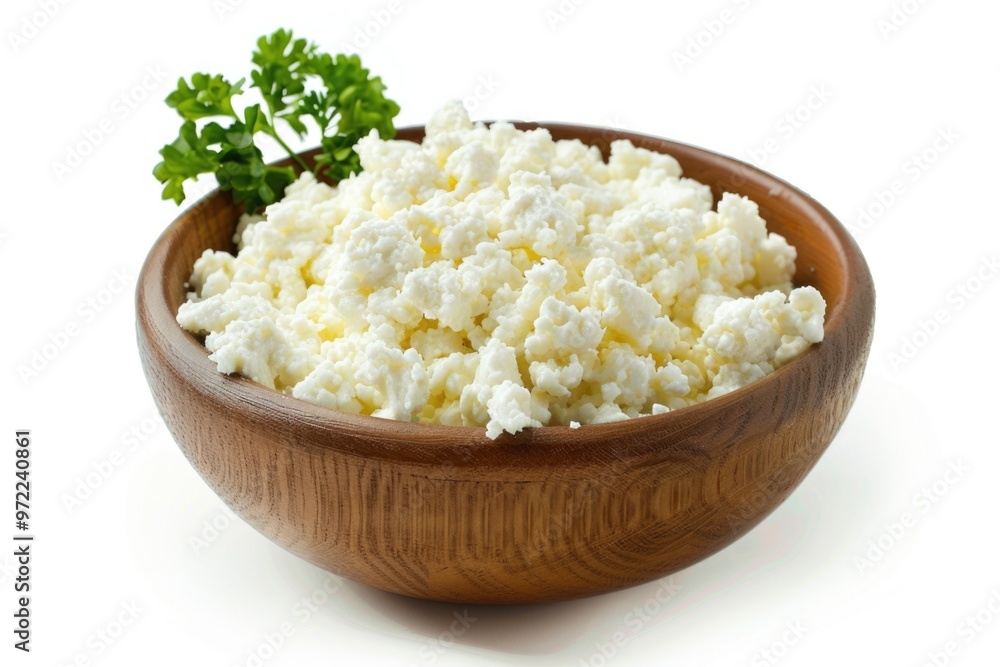 Wall mural fresh cottage cheese served in a wooden bowl with a sprig of parsley, perfect for a healthy snack or