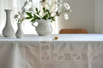 A beautifully set table with a white tablecloth and vases, suitable for formal events or upscale dining