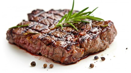 A juicy piece of steak served with a fragrant sprig of rosemary