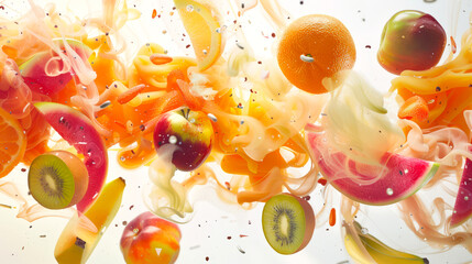 The painting depicts a colorful explosion of fruits, including apples, oranges, kiwis, watermelon and bananas. Fruits are mixed in colorful stylish smoke on a white background