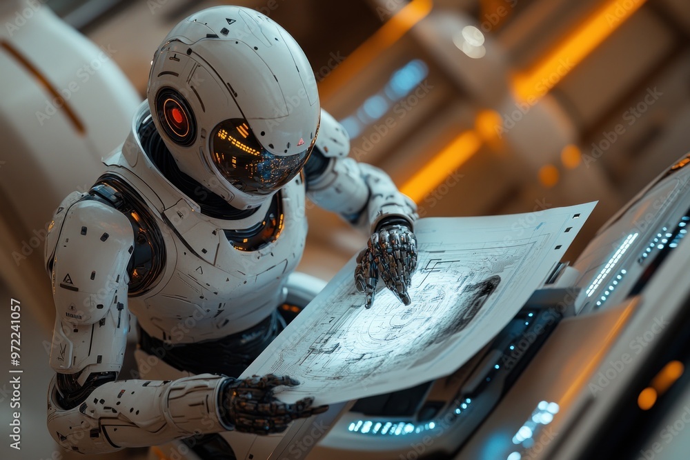 Poster robot examining a blueprint in a futuristic setting.