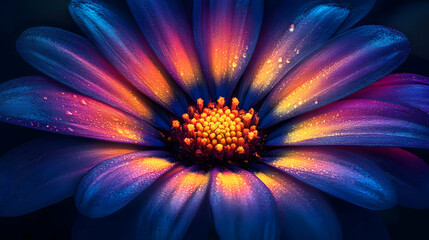 Fototapeta premium Vibrant Blue Purple Flower with Yellow and Orange Center Close Up
