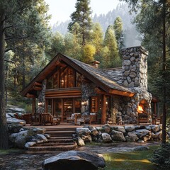 Obraz premium Rustic Log Cabin with Stone Fireplace and Forest View
