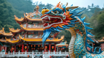 Fototapeta premium Colorful Dragon Statue at a Chinese Temple