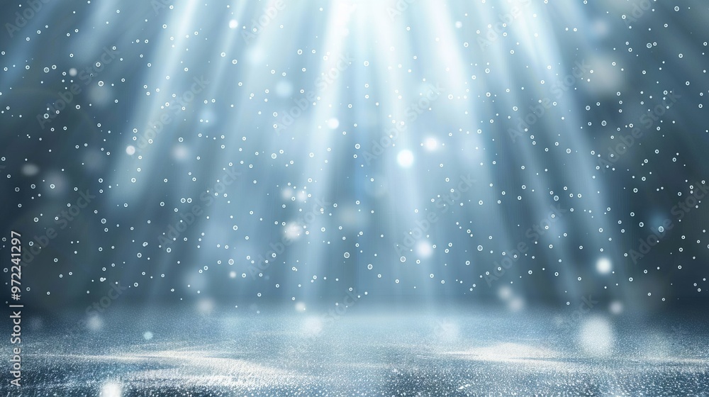 Poster glittering light blue particles shimmer on stage with radiant shine and soft bokeh effect, creating 