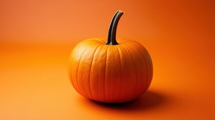 A single orange pumpkin on a vibrant orange background, symbolizing autumn and harvest.