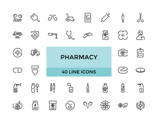 Pharmacy icons set. Line style icon collections, editable stroke. stethoscope, pregnancy test, pills, dropper, alternative medicine, medicines, pharmacy, Editable strock.