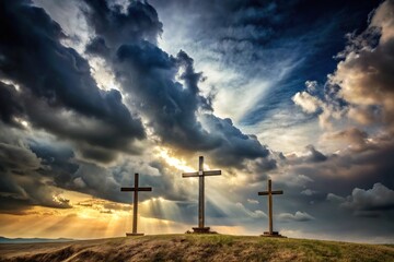 Obraz premium Christian scene with three crosses on Golgotha under cloudy sky