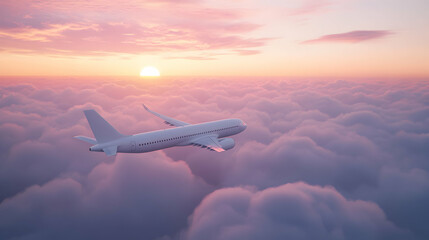 Fototapeta premium Airplane flying through the clouds with a pink sunset in the background.